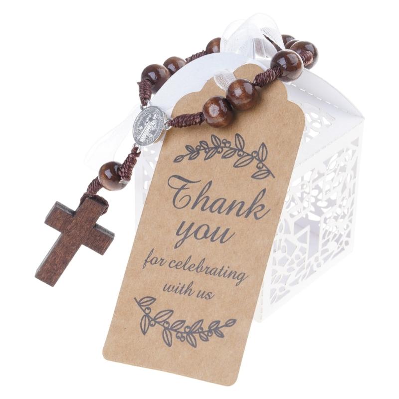 Wooden Crosses Beads Rosaries Bracelets Set For Baptisms Gift With Hollowout Paper Box Thank You Card Organza Pouches