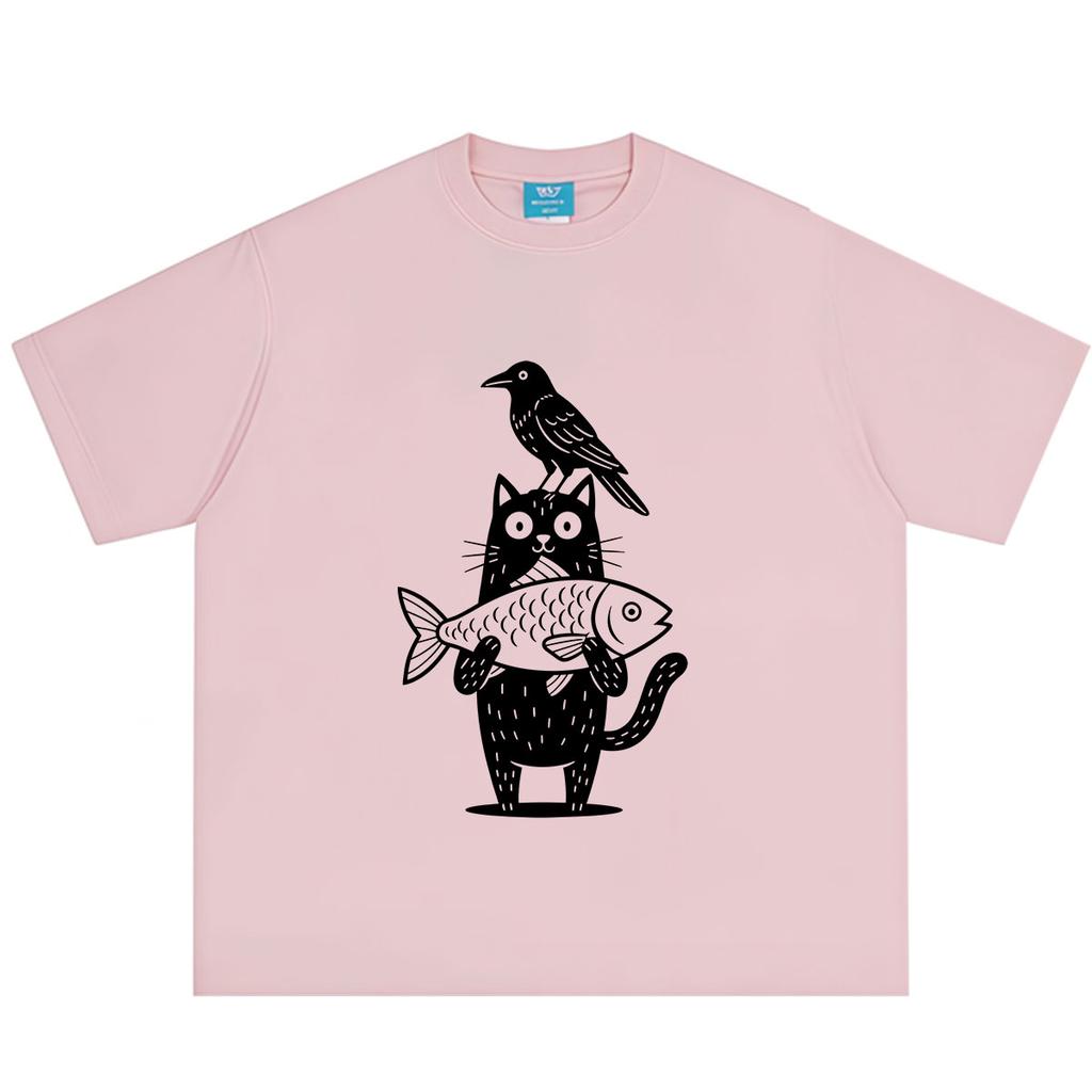 Cartoon Cat And Crow Fish Funny Meme Tshirt Unisex Unisex Vintage Fashion Tshirt Summer Shortsleeved Loose Casual Cotton Tshirts