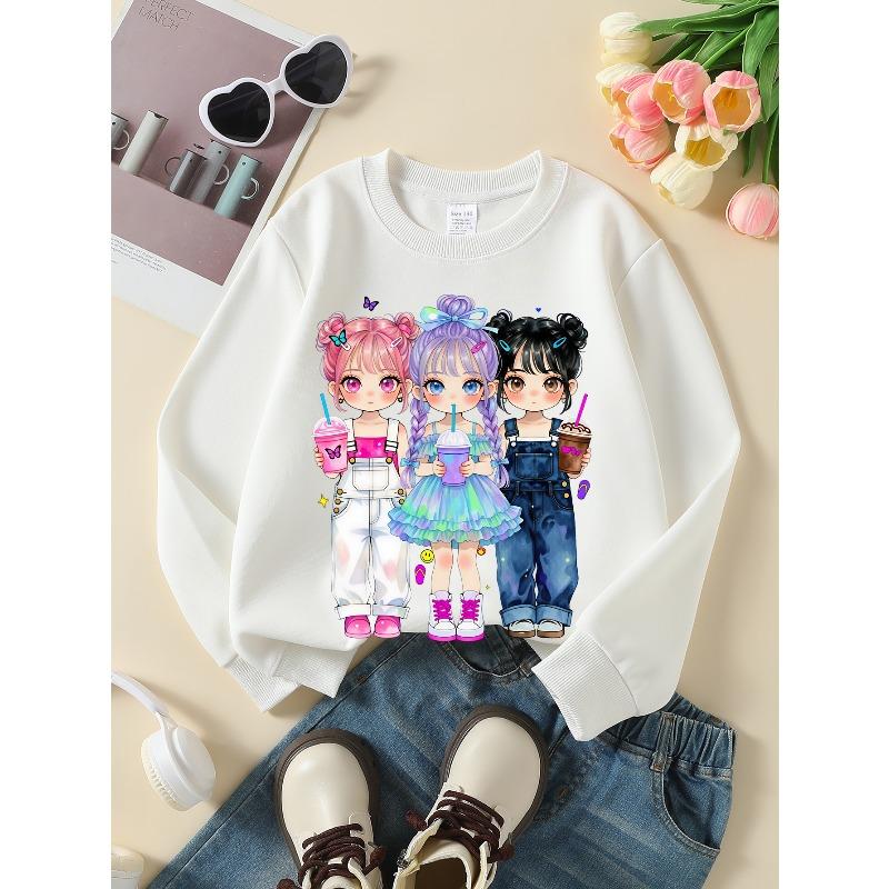Kids Sweatshirt,Crew Neck Fashion Top, Fun "Three Girls Drinking" Patterned Sweatshirt, Suitable for Everyday Casual Wear