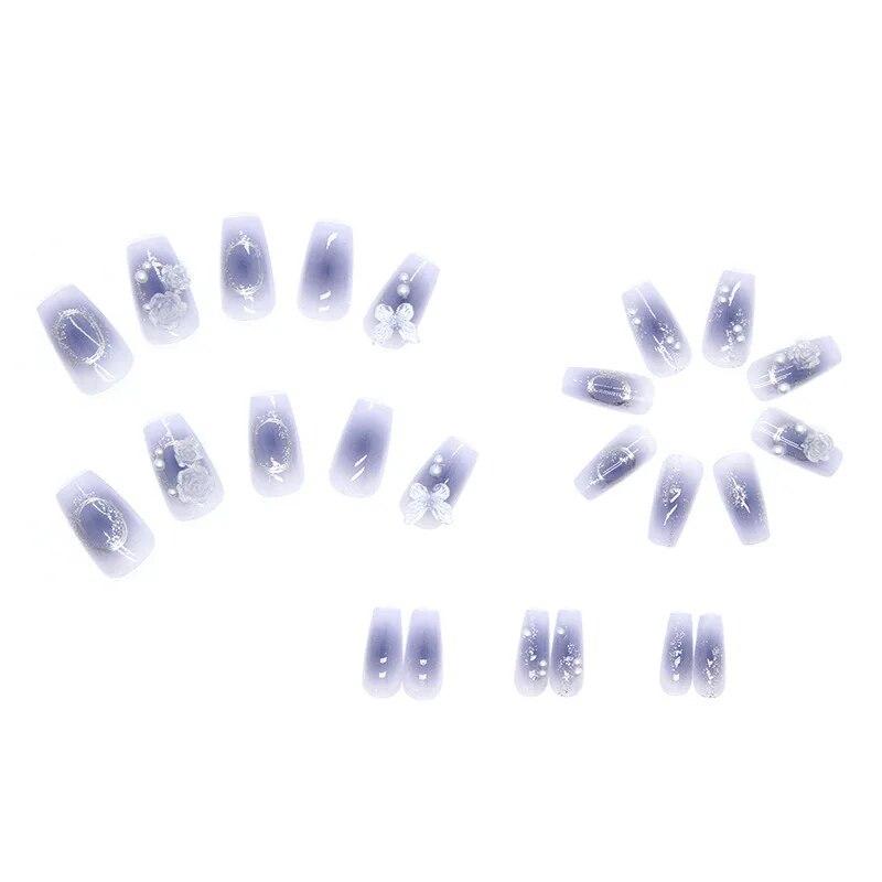 Pure Desire Fairy Temperament Full Of Wearing Armor, Blush Blue Aurora Butterfly Camellia Combination Nail Art Set Of 24 Pieces