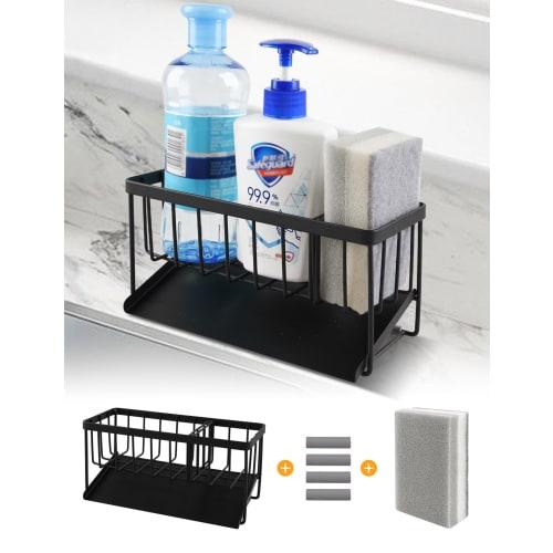 [Latest Model] Rust-Resistant Stainless Steel Sponge Holder with 4 Non-Slip Mats, Detergent Holder, Kitchen Scrubber Holder with Movable Dividers, Bat