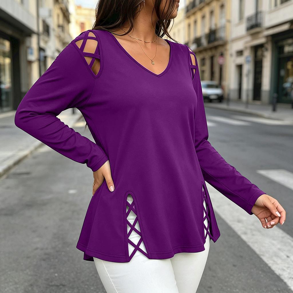 Women's Casual V-Neck Long Sleeve T-Shirt Plus Size Shoulder Side Cross Cutout Top for Everyday Wear