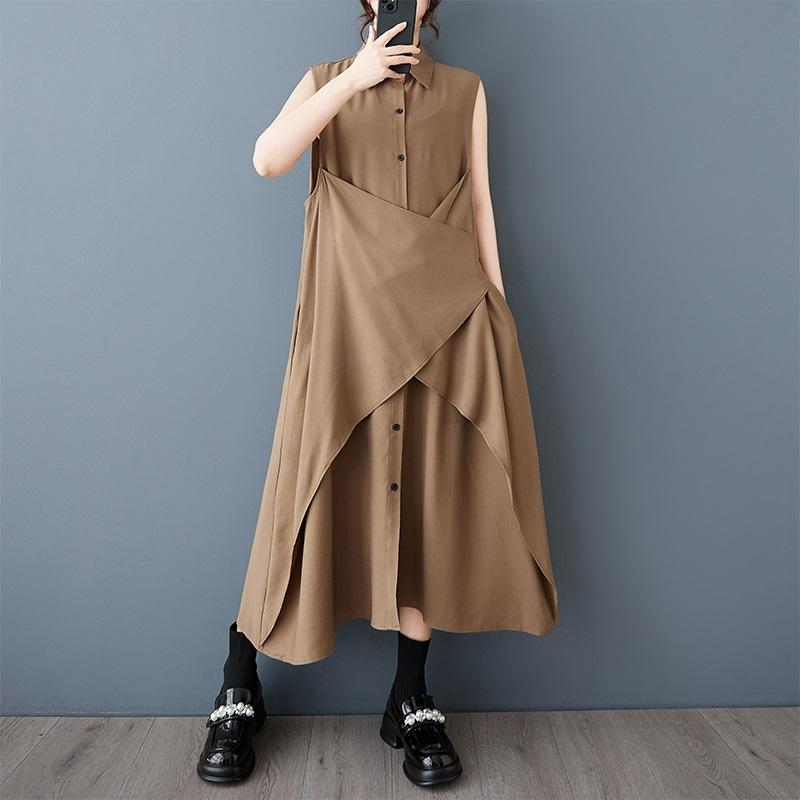 

Без рукавов Большие размеры хлопок винтажные новые платья для женщин повседневное свободное длинное летнее платье-рубашка хаки