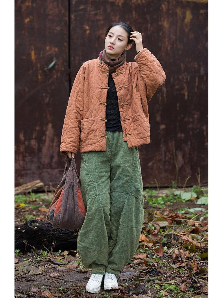 Women's Winter Ramie Quilted Diamond Pattern Cotton Coat with Frog Buttons - Bohemian Style