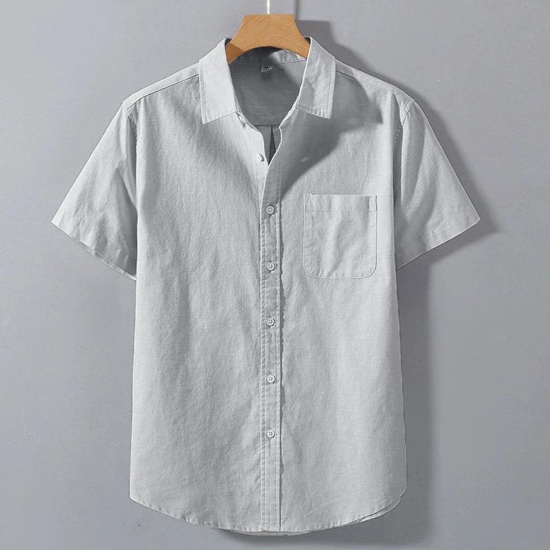 Summer Men's Short Sleeve Shirts Solid Color Stand Collar Oversize T Shirts Breathable Loose Youth Basic Cotton Pocket Shirts