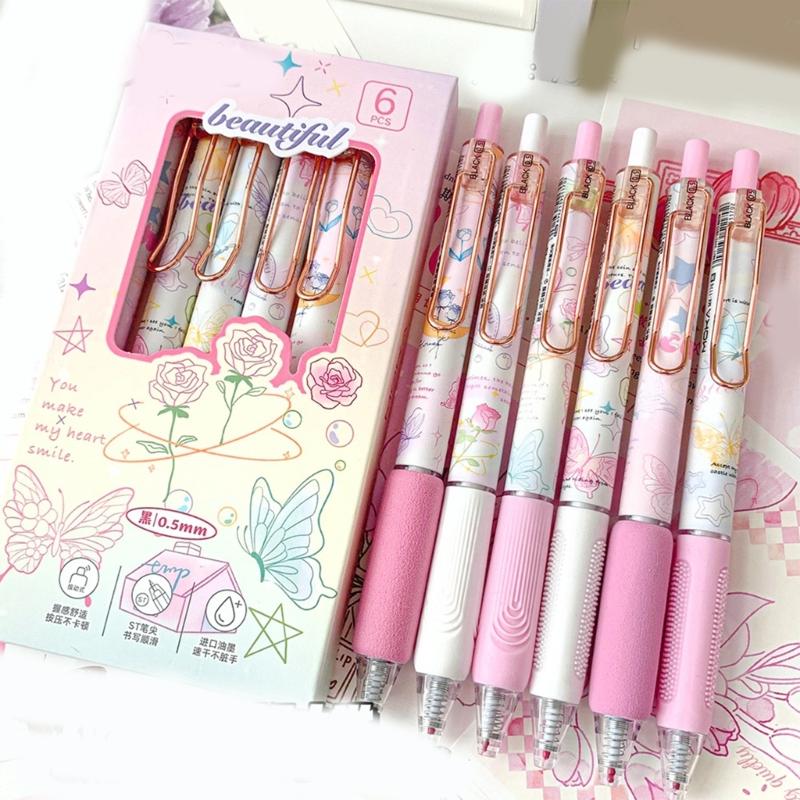 6Pcs Butterfly Gel Pen 0.5MM Tip Quick Dry Ergonomic Grip Retractable Gel Pen Office Supplies for Writing Journaling