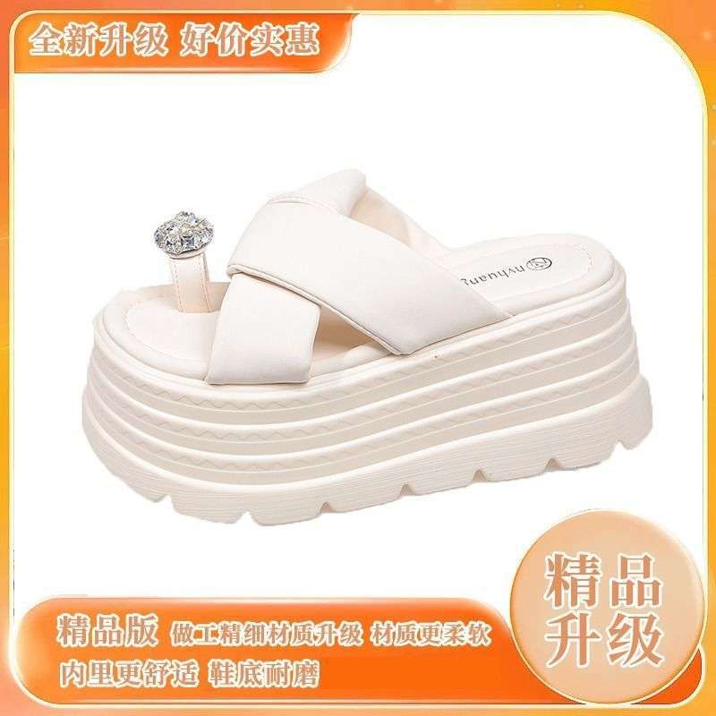 French beautiful platform slippers women's summer wear small 8cm height increase muffin rhinestone cover toes with skirt sandals