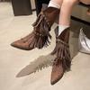 Studded Tassel Mid-Thigh Boots Autumn New Pointed Toe Suede Sleeve Soft Sole Non-Slip Wear-Resistant Block Heel Shoes