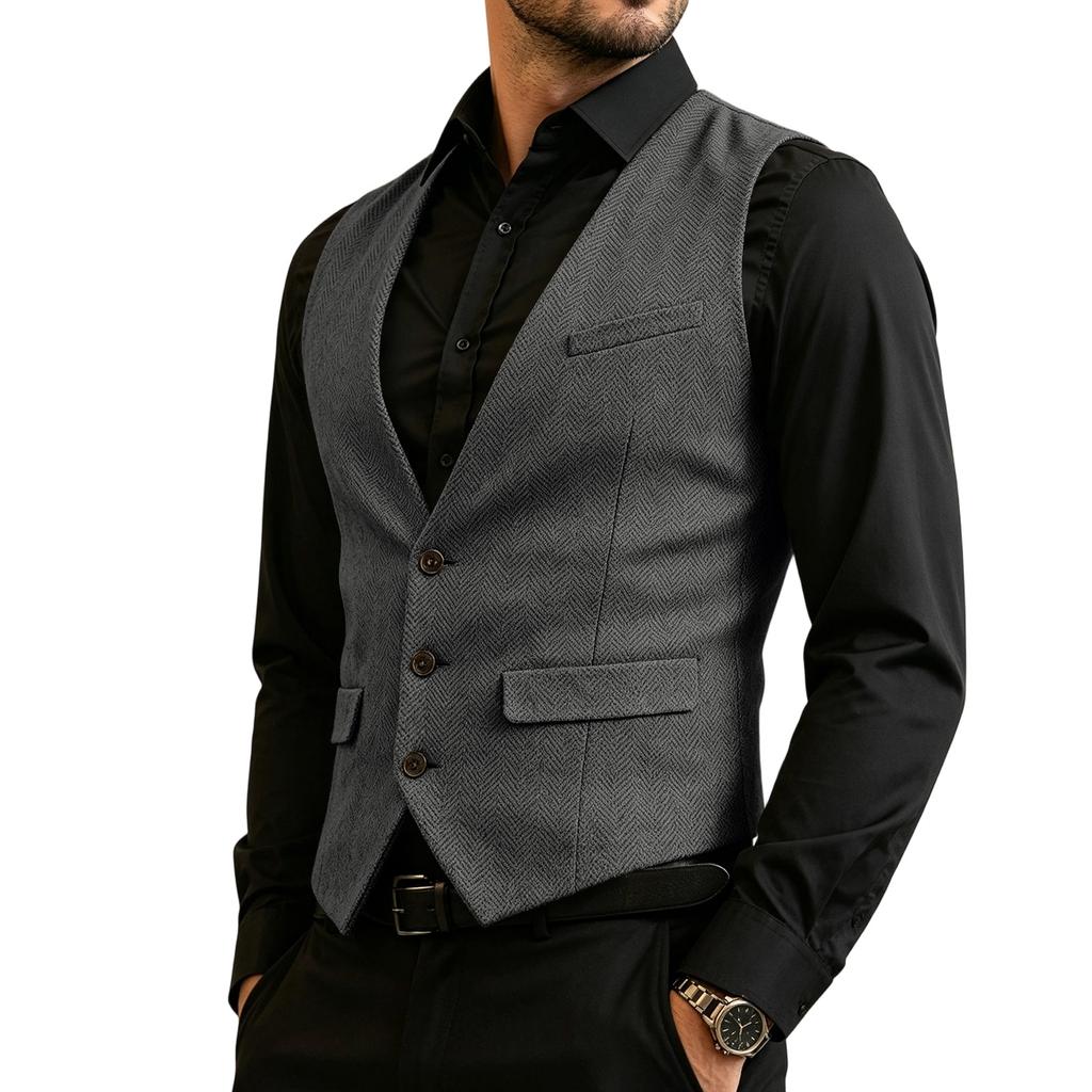 Herren Business Weste Slim Fit Formale Weste Knopfleiste Anzugweste mit Mehreren Taschen für Büro und Freizeit