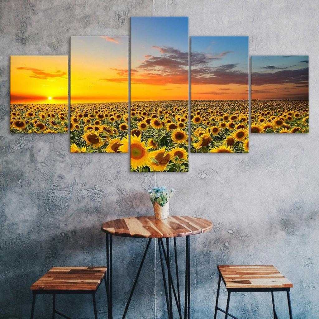 Sunflower Field Sunset Scene 5 Piece Canvas Wall Art Multi Panel Print Modern Poster Home Decor Picture Gift For Him For Her