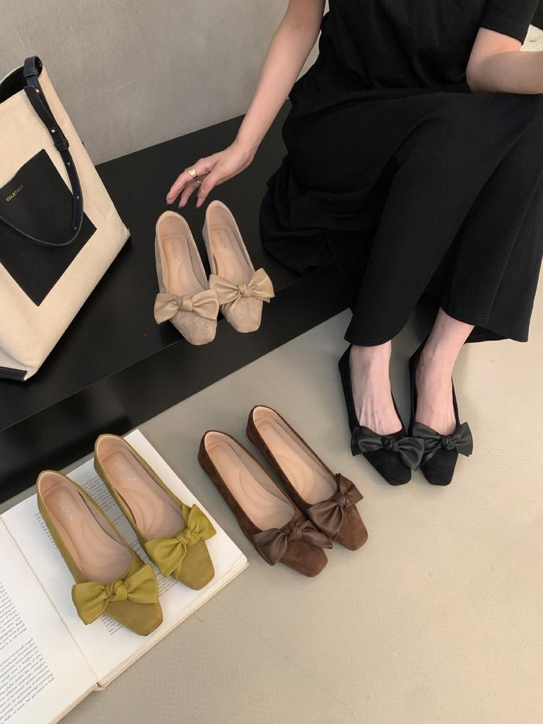 French evening wind bow suede square head light mouth laden shoes one pedal commuting not tired feet small single shoes women