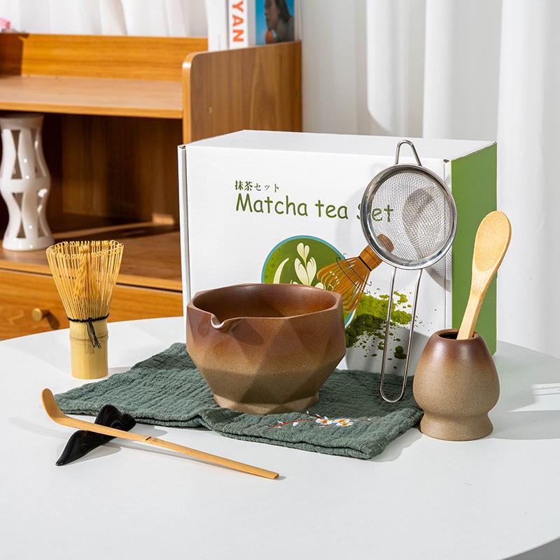5-8pcs INS coarse pottery gradual change color tea stand matcha bowl set to order tea retro Matcha whisk set of tea tools