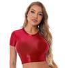 Women Crop Top Tee Short Sleeve Round Neck Slim Fit Solid Color Sportswear Yoga Running Shirt