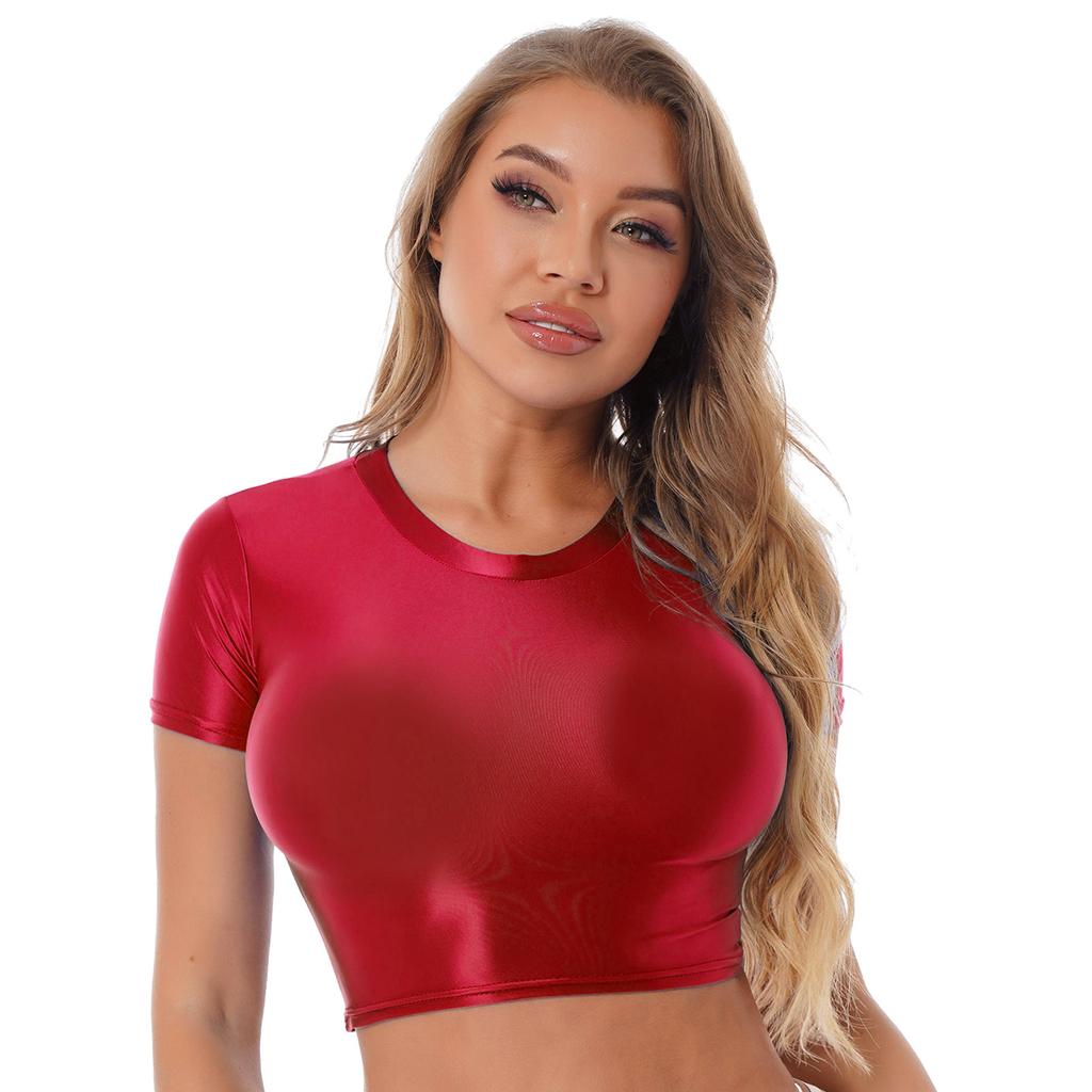 Women Crop Top Tee Short Sleeve Round Neck Slim Fit Solid Color Sportswear Yoga Running Shirt