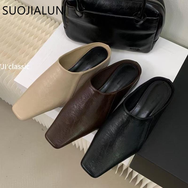 Fashion SUOJIALUN 2025 Summer New Brand Women Slipper Fashion Square Toe Slip On Ladies Elegant Mules Shoes Soft Flat Heel Casual Slides