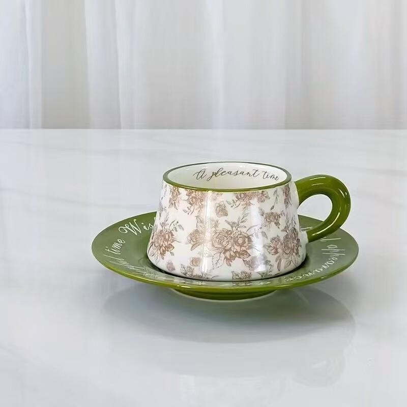 Ретро набор из кофейной чашки и блюдца с пионами Шанци, цвет зеленый
