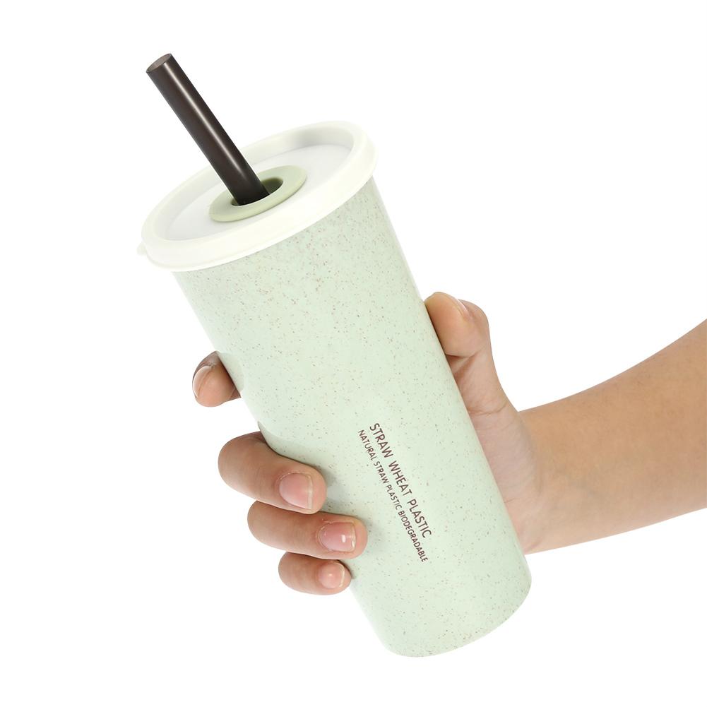 470 ml Wheat Straw Water Cup with Straw Multi Functional Double Lid   Coffee Mug Pink