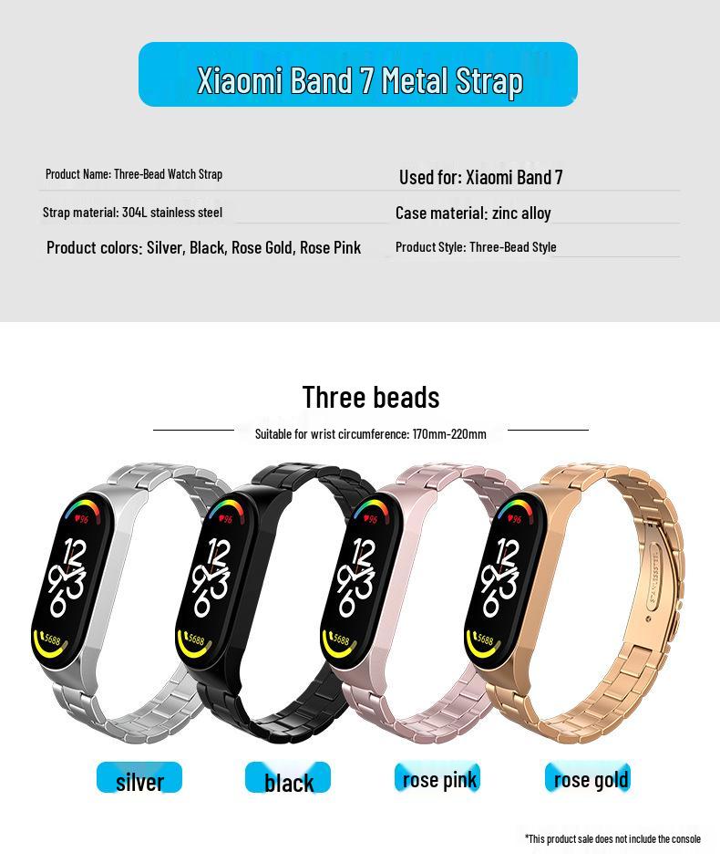 Xiaomi Band 7 Compatible Three-Bead Solid Stainless Steel Wristband Strap
