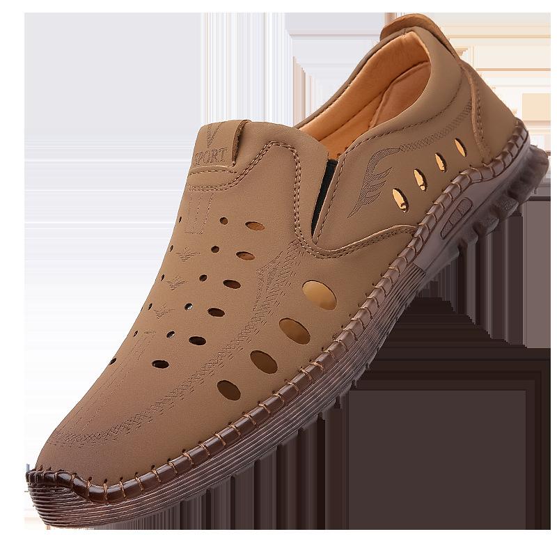 2025 spring and summer men's soft sole soft surface one pedal lazy shoes driving casual leather shoes hollow breathable sandals 201