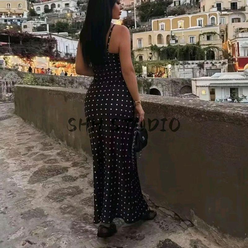 Summer New Product Women's Clothes Minimalist Black Polka Dot V Neck Sleeveless High Waist A- Line Long Sling Dress