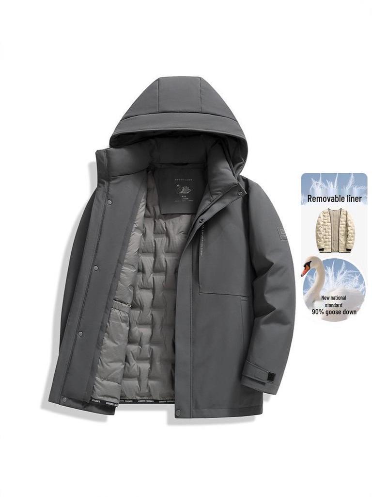 Herren Mittellange Kapuzenjacke aus Gänsedaunen - Neuer Stil, Verdickt, Abnehmbar, Warme Winter Business Casual Oberbekleidung