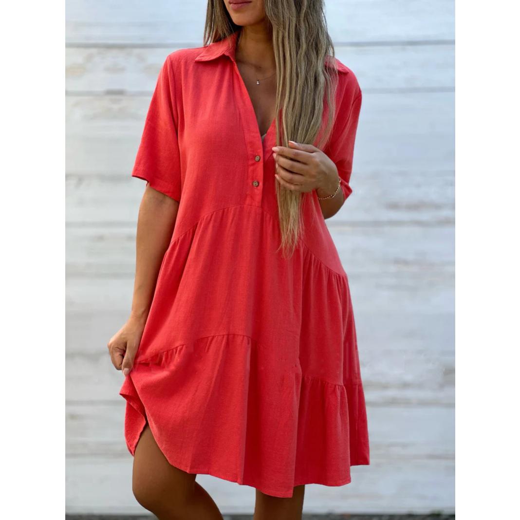 

2025 Summer New Women s Dress - Oversized Pure Color Lapel Casual Short Sleeve Linen Cotton Dress, Loose Fit Breathable Midi Dress for Daily Wear S красный