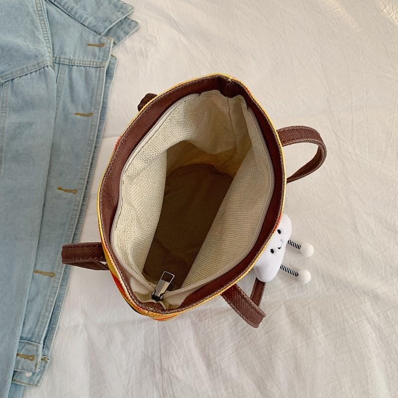 Women Handbag Lovely Cartoon Printed Bucket Bag Portable Cylinder Bag Canvas Tote Bag Students Carry Lunch Bags for Girls