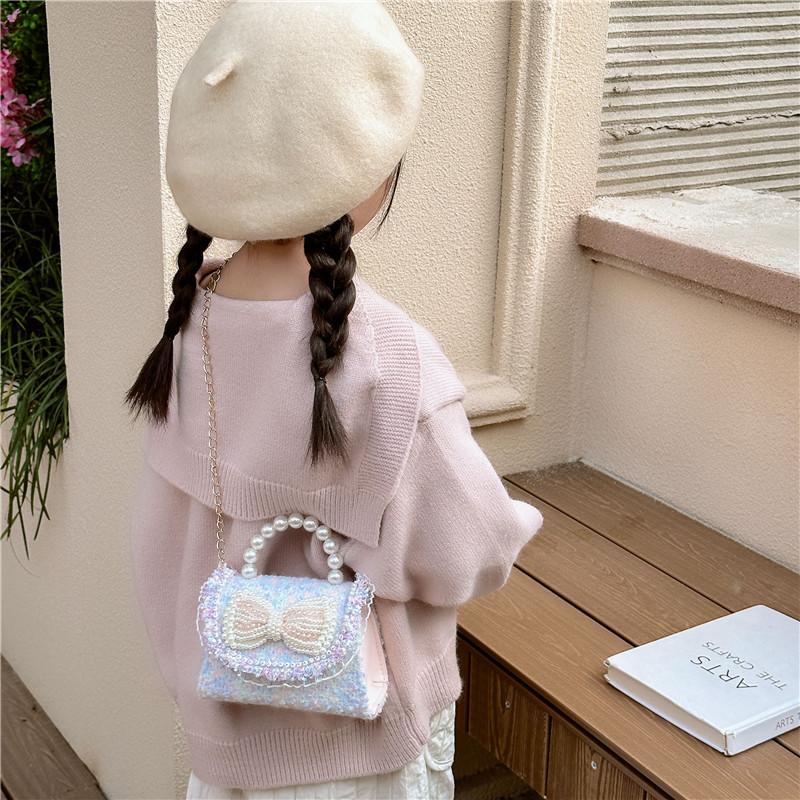 Colorful Sequin Kids Bag With Bowknot Stylish Pearl Handle Mini Crossbody Bag