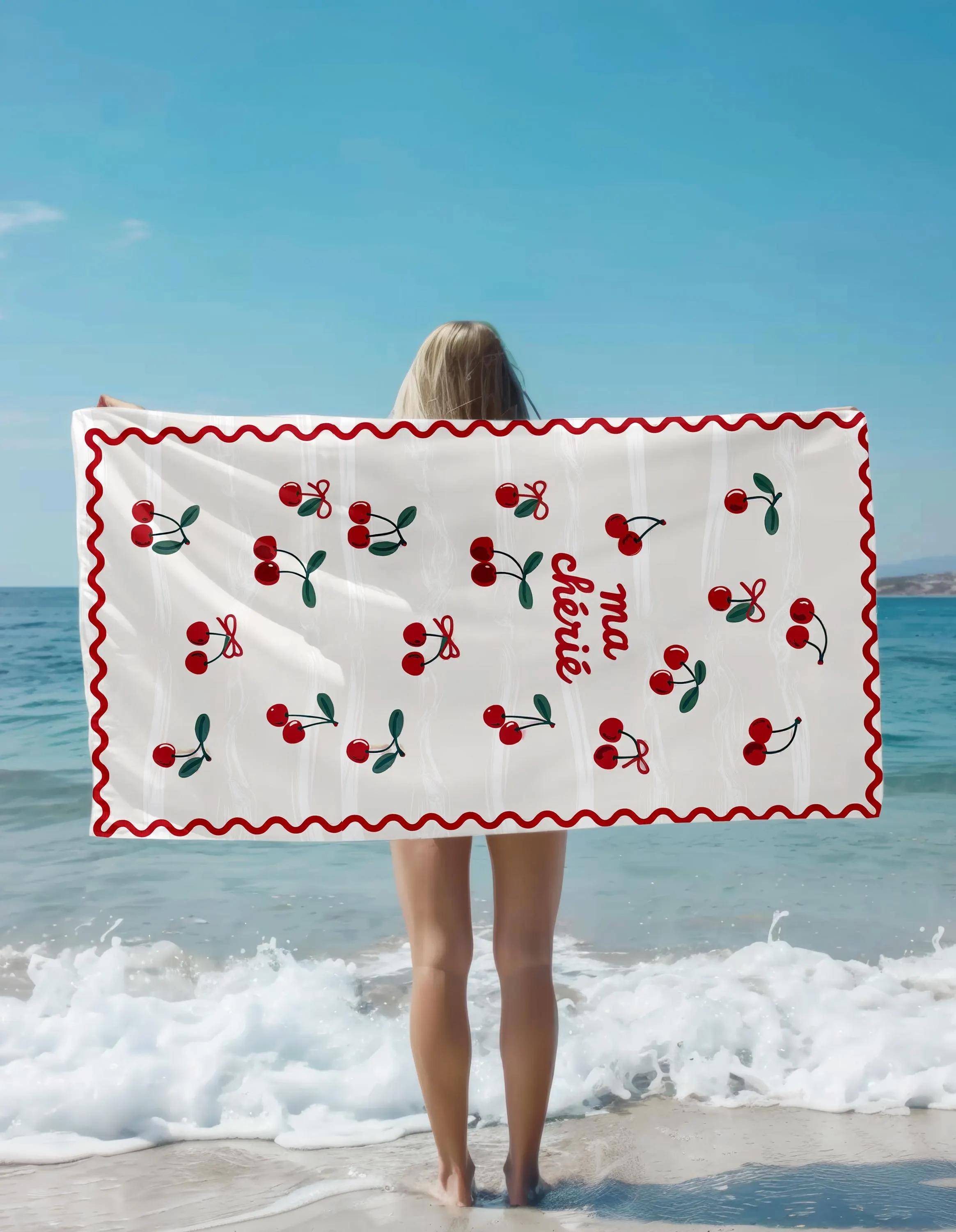 

Cherry Beach Towel, Flat Print French Inspired Pool Blanket with Flirty Aesthetic, Cute Summer Vacation Gift for Bridesmaid W40*H60(CM)