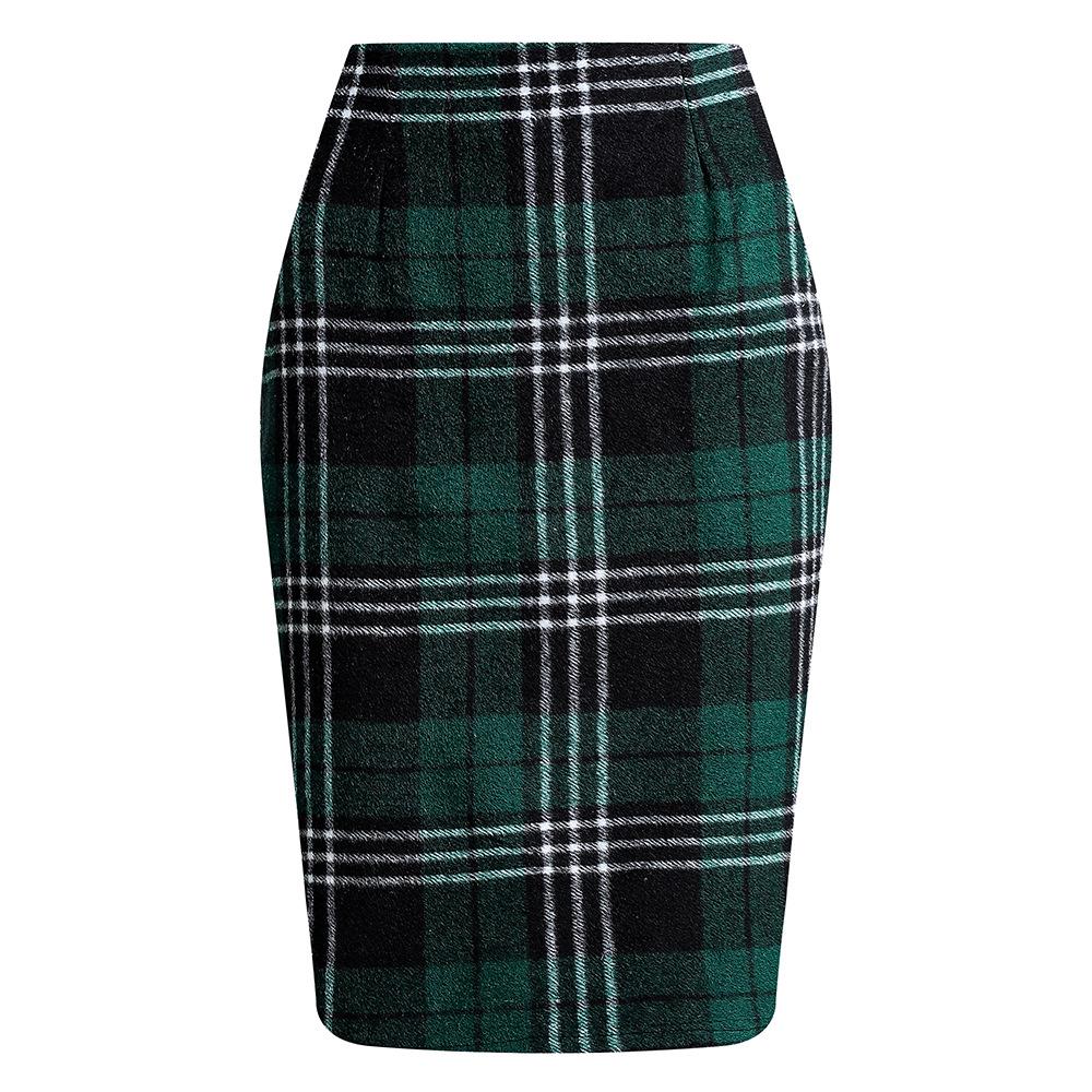 High-Waisted Women's Plaid Pencil Skirt - Knee-Length Wool Skirt for Autumn and Winter