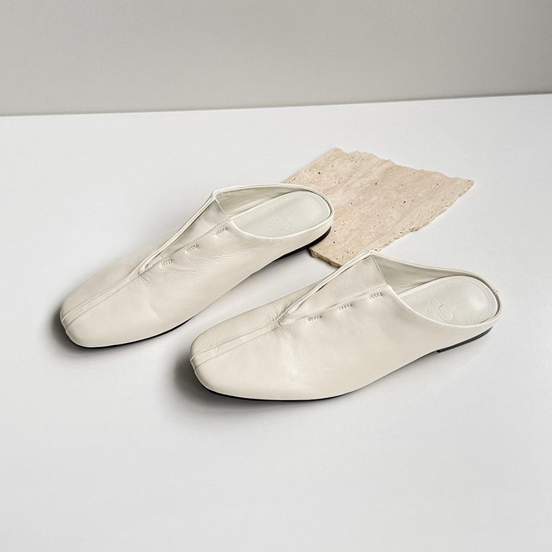 Fashion 2025 New Fashion Square Toe Flat Shoes Women Spring Summer Office Lady Party Genuine Leather Shoes Woman Mueller Slippers