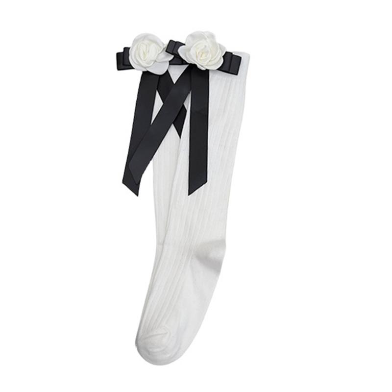 

Japanese Style Women JK Sweet Girl Cotton Crew Socks Elegant Camellia Flower Bowknot Ribbed Knit Calf Length Long Socks белый