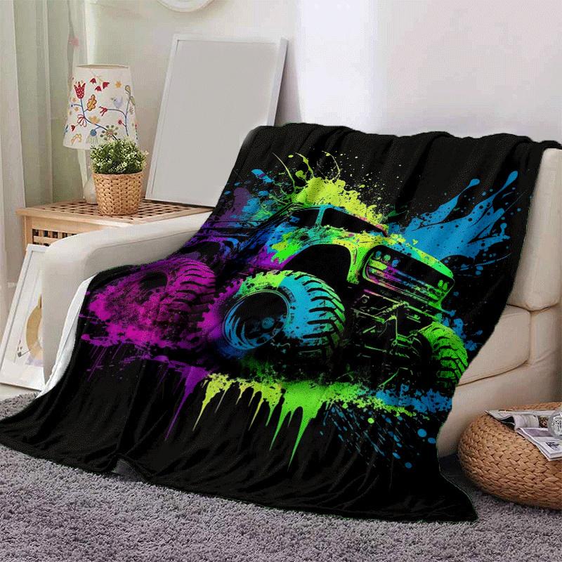 1pc Monster Truck Printing Lightweight Flannel Blanket, Comfortable and Warm Blanket,  Sofa Bed and Couch Office, Suitable for Gift Blankets