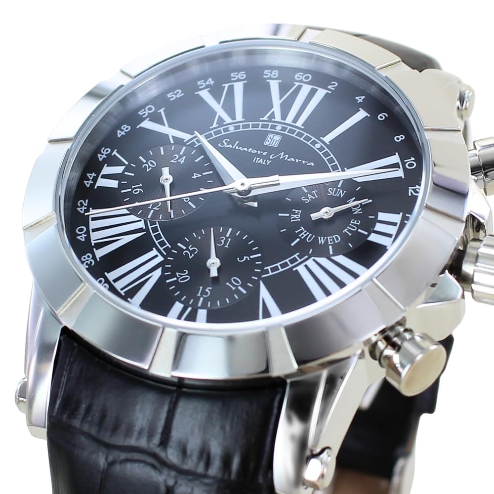 Salvatore Marra Gift Set Salvatore Marra Quartz Watch with Leather Strap and Shopping Bag Black X (Pre-wrapped) Men's (No. 4 Silver)