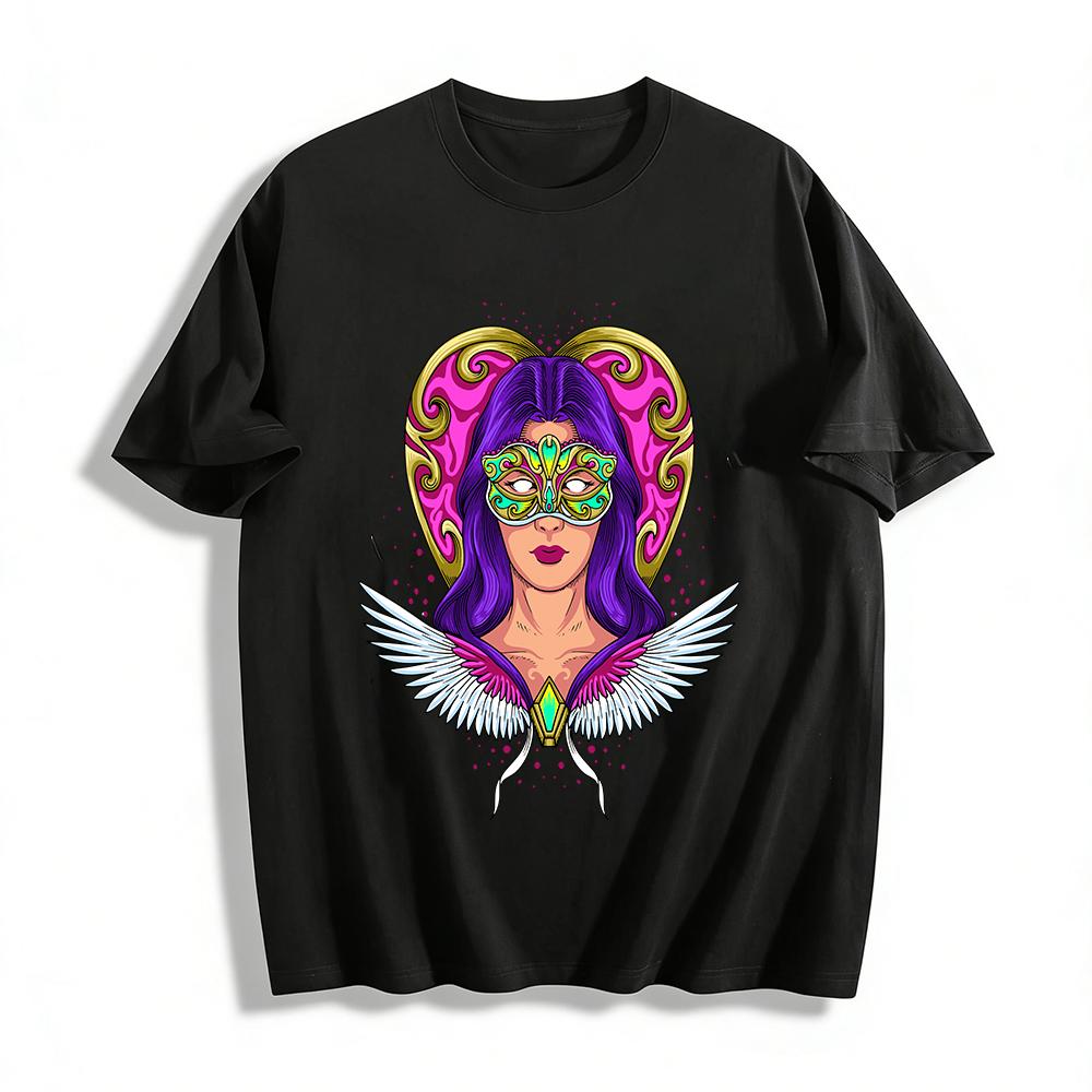 Mysterious Masked Purple Hair Angel Print Casual Top Pure cotton T-shirt XXS