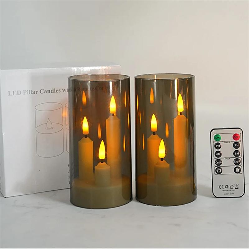 Uzaktan Kumandalı, Akrilik Kapaklı, Pille Çalışan Yaratıcı LED Sütun Mum 2'li Paket Ortam Lambası