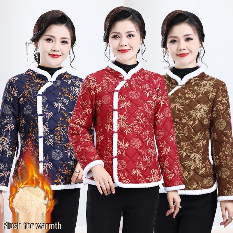 2025 Retro Floral Cotton Jacket for Middle-Aged and Elderly Women - Slimming, Belly-Covering, Fleece-Lined, Thick, and Warm