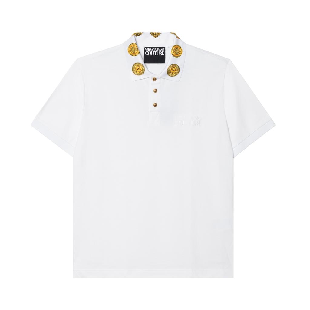 VERSACE JEANS COUTURE Men Logo Printed Collar Short Sleeve Polo Shirt White 72GAGT05-CJ01T-003