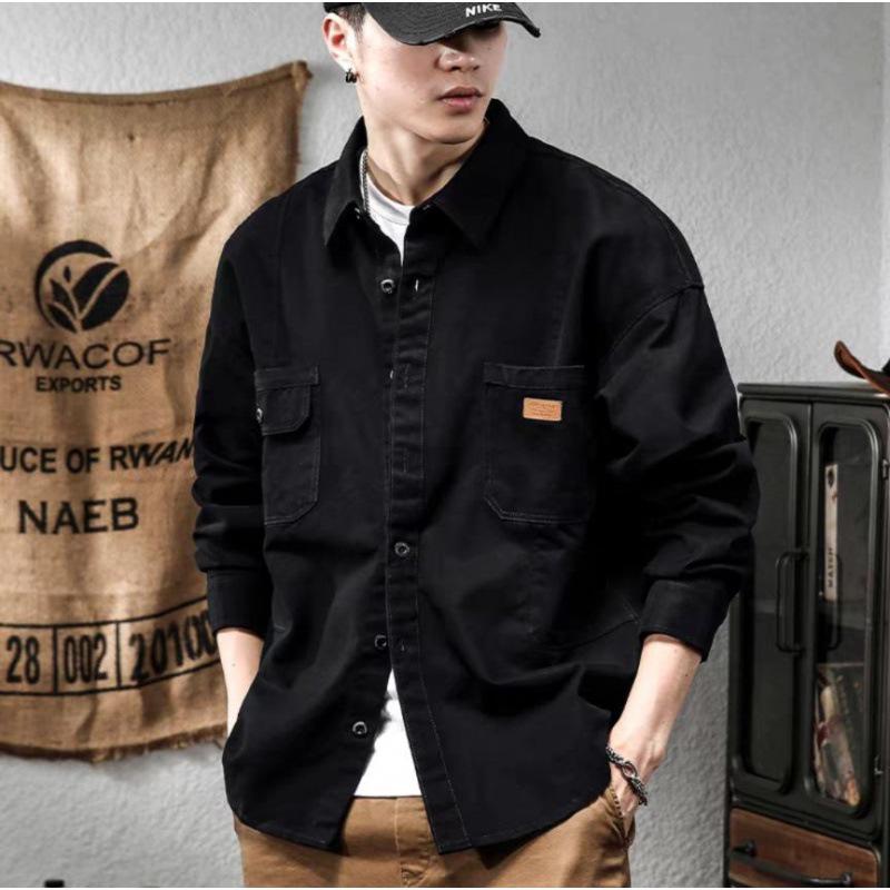 Men's American Retro Black Heavy Workwear Shirt - Spring & Autumn Fashion Jacket
