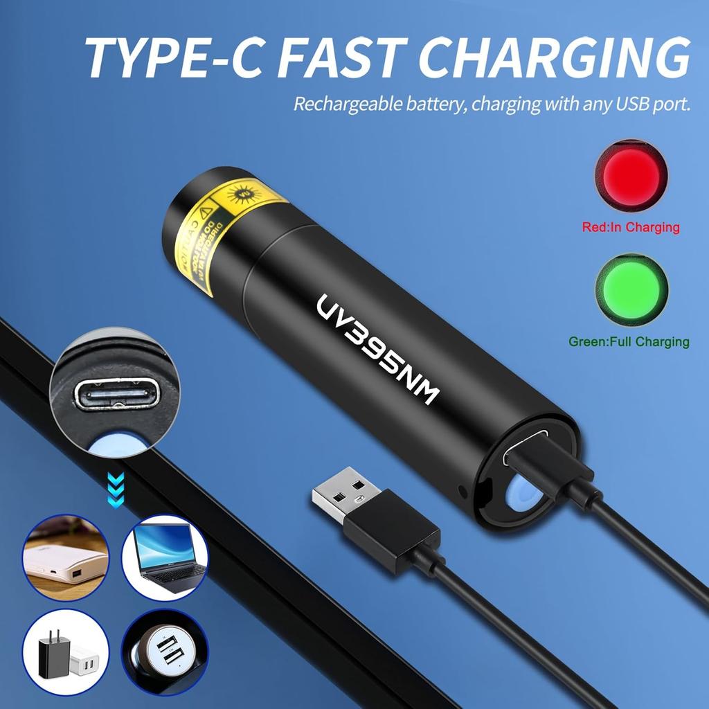 UV Flashlight Rechargeable 395nm Black Light for Pet Urine Detection, USB - C Portable Blacklight Mini Powerful Woods Lamp LED ultra violet