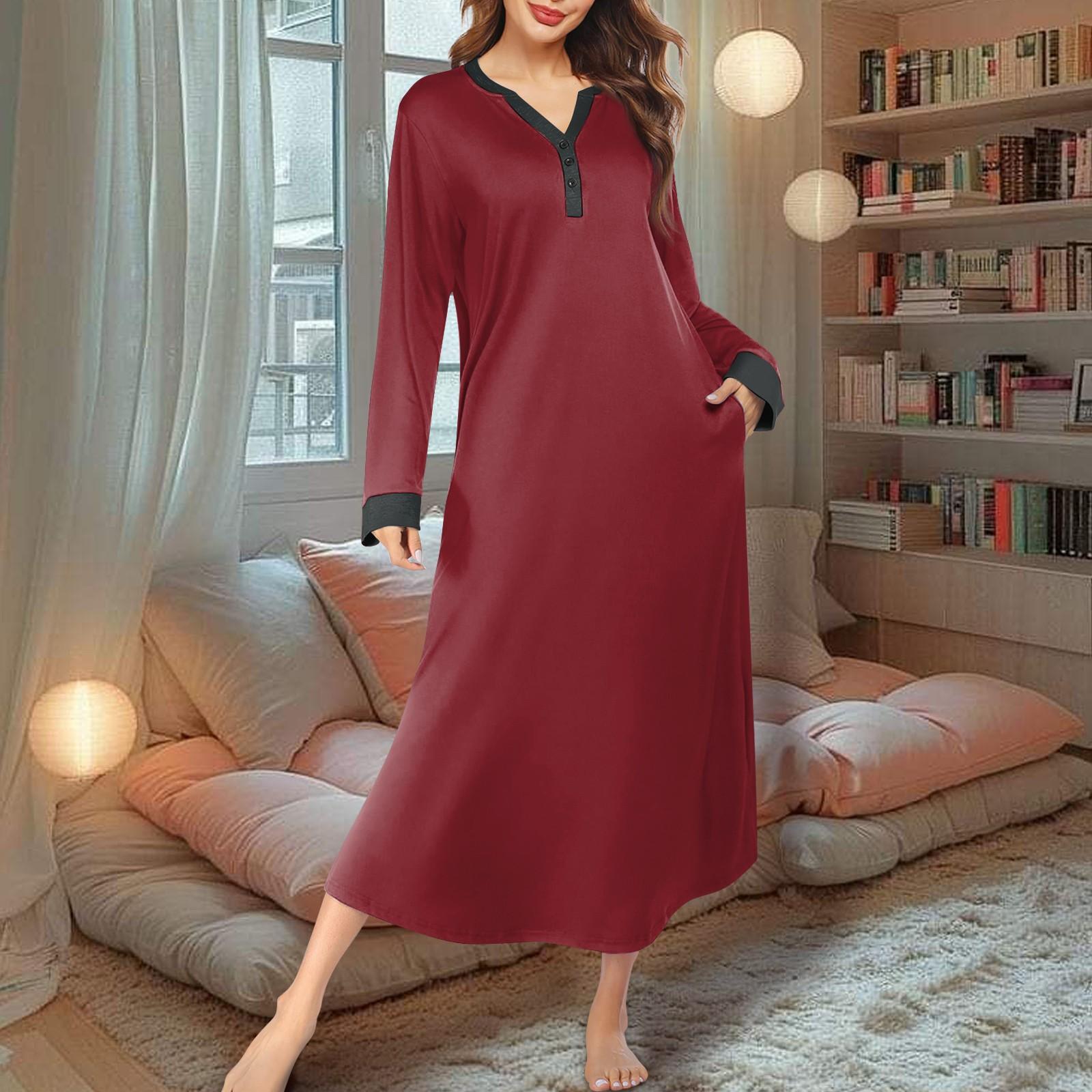 

Женская ночная рубашка, длинный халат, пижамное платье с V-образным вырезом и карманами XXL винный