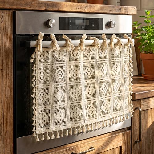1PC Nuan Series Farmhouse Geometric Lace Oven Skirt Tassel Edge Insulated Decoration Oven Door Curtain for Kitchen Home Decor