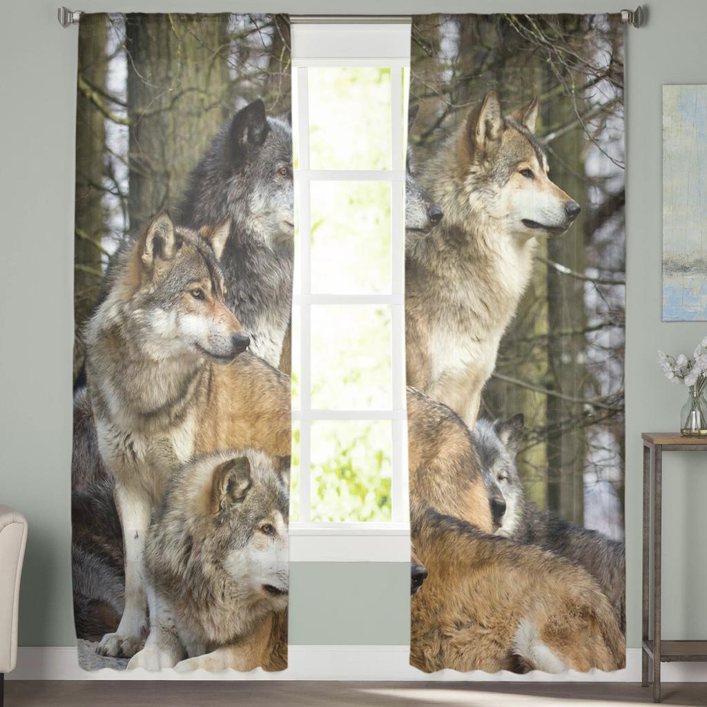 Wolf Forest Animal Tylové závěsy do obývacího pokoje Voile Průsvitný okenní závěs do ložnice Šifonové závěsy do kuchyně