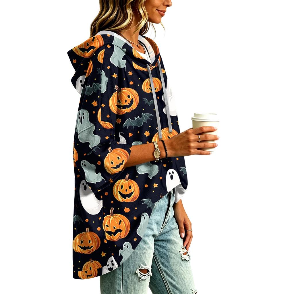 Women's Fashionable Three-Quarter-Sleeve Halloween-Printed Hooded Pullover