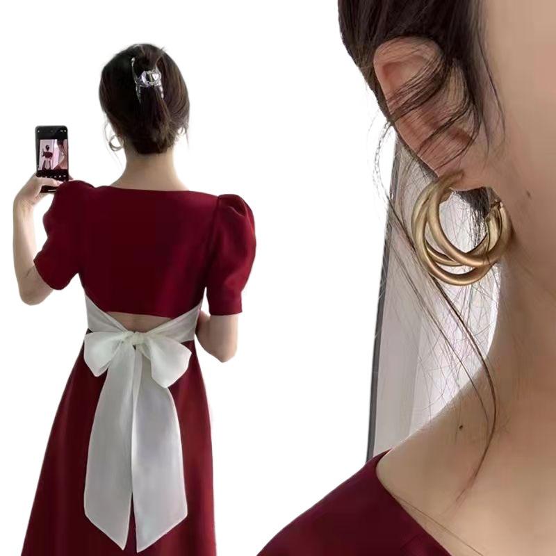 Plus Size Women's Summer Bow Back Dress - Waist-Cinching Slim Puff Sleeves Mid-Length Skirt