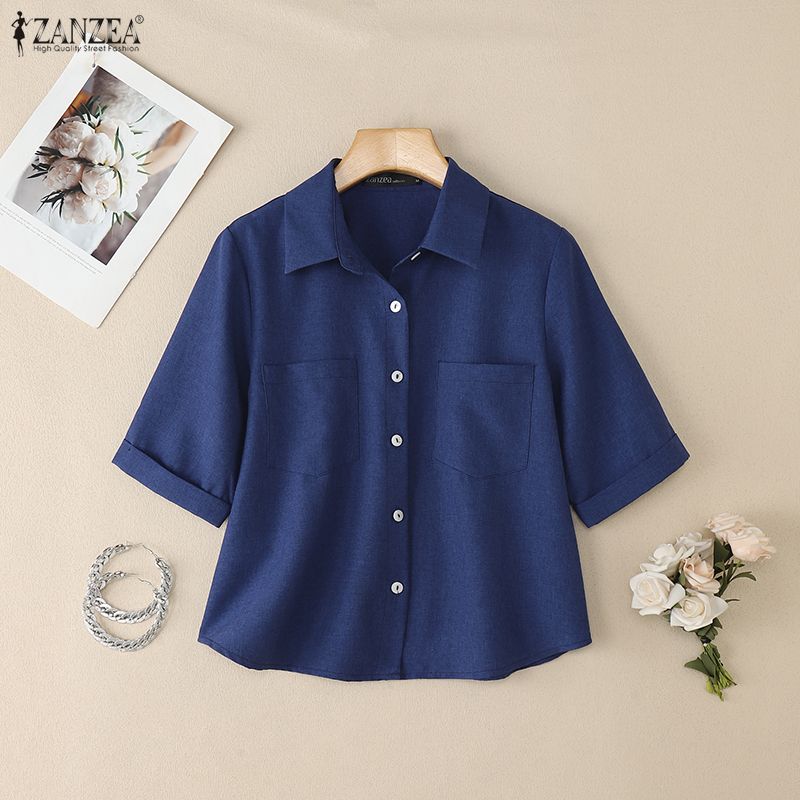 ZANZEA Women Casual Turn Down Collar Loose Summer Short Sleeve Blouse