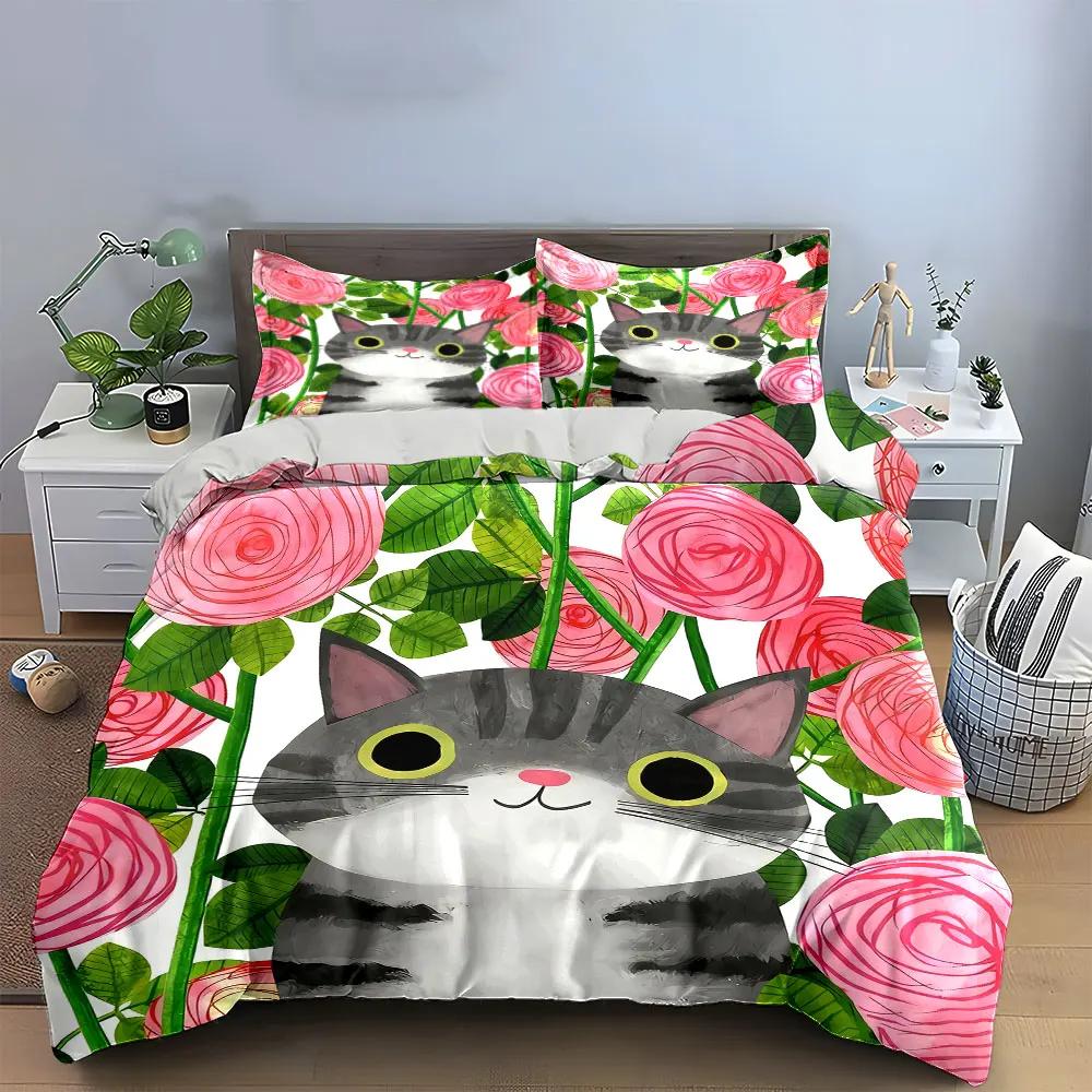 "Cat Floral Decor Three-Piece Set" Soft Comfortable Duvet Cover Bedding Set Included 1*Duvet Cover & 2*Pillowcases Gift