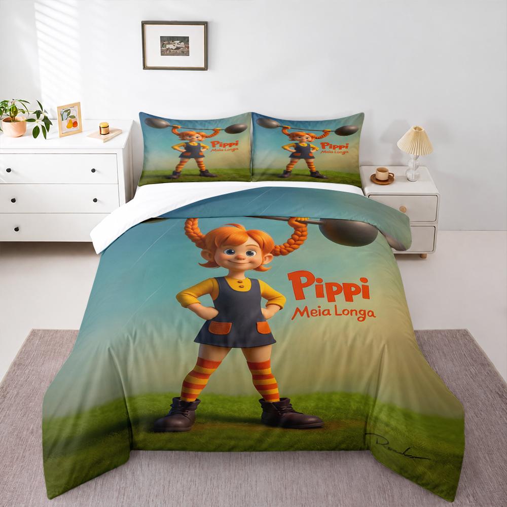 3 Piece Bedding Set Pippi Longstocking 3D Cartoon Lifting Barbell Braids Print Duvet Cover for Adult Fan Gift