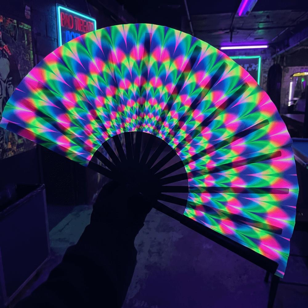 13inch Glow-in-the-Dark Folding Fan Mushroom Handheld Vibrant Neon Psychedelic Fan with Neon Fluorescent Print Butterfly