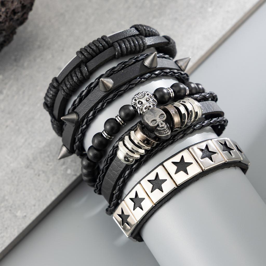 Five-Pointed Star Leather Bracelet for Men, Trendy Hip-Hop High-End Feel, High Street Men's Skull Rivet Bracelet, Hand Jewelry